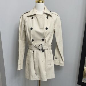 Newport News Vintage Cream Double-Breasted Leather Trench Coat with Belt